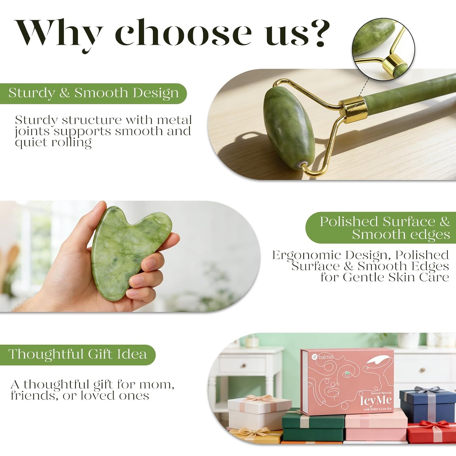 BAIMEI Icyme Gua Sha & Jade Roller Facial Tools Face Roller and Gua Sha Set for Puffiness and Redness Reducing Skin Care Routine, Self Care for Men Women - Green